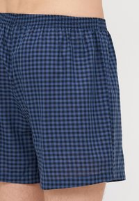 Μπλε και μαύρα καρό ανδρικά σορτς φτιαγμένα από ελαφρύ ύφασμα. Διαθέτουν ελαστική μέση και χαλαρή εφαρμογή για άνεση.