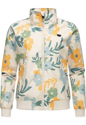 Blommönstrad jacka i krämfärg, med gula, blå och gröna blommor. Lätt material, dragkedjestängning, hög krage och elastiska ärmslut.