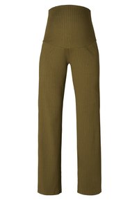 Hoge taille, geribbelde gebreide broek in olijfgroen met brede pijpen en een strakke tailleband.