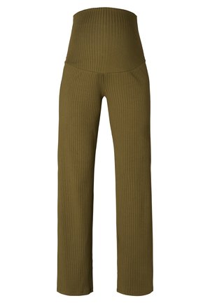 Hochtaillierte, gerippte Strickhose in Olivgrün mit weitem Bein und einem eng anliegenden Bund.