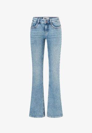 Hellblaue Jeans aus Denim mit leicht ausgestelltem Bein, Fronttaschen und einem Hosenbund mit Knopfverschluss, der mit "MAC" beschriftet ist.