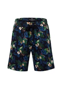 Pantaloncini da bagno neri con un vivace motivo floreale tropicale, caratterizzato da foglie verdi e fiori bianchi, realizzati in tessuto leggero.