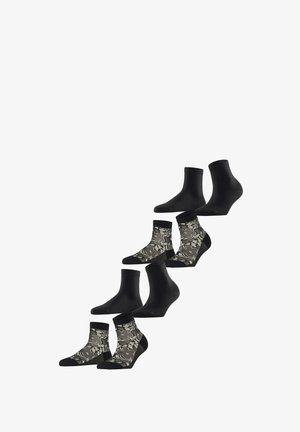 Vier Paar Socken: zwei einfarbig schwarz, zwei mit einem schwarz-grauen Blumenmuster. Kurzes Design mit gerippten Bündchen und verstärkten Fersen.