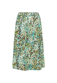 Gonna con stampa leopardata in tonalità di verde e blu, realizzata in tessuto leggero con vita elastica e una silhouette rilassata, presentando una texture liscia.