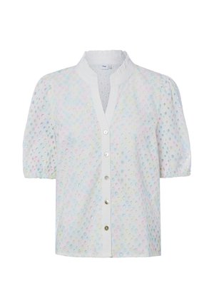 Weiße Kurzarmbluse aus strukturiertem Lochstoff mit pastellfarbenem Polka-Dot-Muster, Stehkragen und vorderem Knopfverschluss.