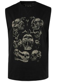 Schwarzes ärmelloses T-Shirt mit einem grafischen Design verschiedener Schädel und Schlangen in beigen Farbtönen, aus Baumwollstoff gefertigt.