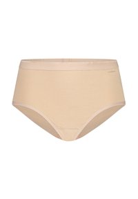 Beige hooggeripte onderbroek met een gladde textuur, elastische tailleband en platte naden. Heeft een eenvoudig ontwerp zonder patronen of accenten.