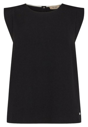 Schwarzes ärmelloses Top mit breiten Schultern, rundem Ausschnitt, Knopfverschluss am Rücken und kleinem Metalllogo nahe Saum.