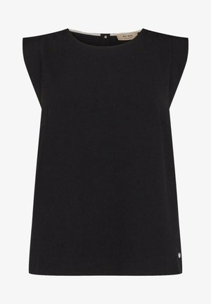 Top noir sans manches avec épaules larges, encolure ronde, fermeture par bouton au dos et petit logo métallique près de l'ourlet.