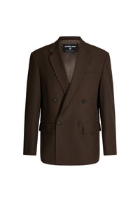 Bruine, dubbelgeknoopte blazer met zwarte knopen, gestructureerde revers en een borstzak. Gladde stof en zichtbare gestructureerde voering.