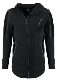 Felpa nera con zip anteriore, caratterizzata da pannelli a coste sulle spalle e tasche laterali. Realizzata in tessuto morbido e testurizzato. Maniche lunghe e cappuccio.