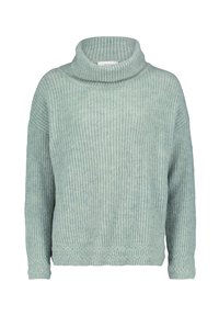 Jasnoniebieski sweter o grubej dzianinie z wysokim kołnierzem, luźnym kroju i prążkowaną fakturą. Posiada długie rękawy i prosty dół.