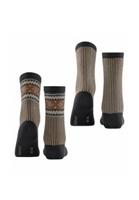 Ein Paar gemusterte Socken mit dunkelgrauen und braunen Abschnitten, die geometrische und florale Muster aufweisen, mit gerippten Bündchen und einem Logo an der Seite.