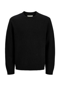 Suéter negro de cuello redondo con puños y dobladillo acanalados, hecho de tejido de punto, exhibido sobre un fondo blanco.