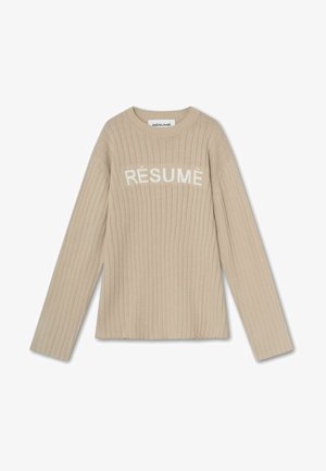 Bež prugasta jopica z dolgimi rokavi, na sprednji strani je izvezena beseda "RÉSUMÉ" v beli barvi. Okrogli izrez, teksturirana tkanina.