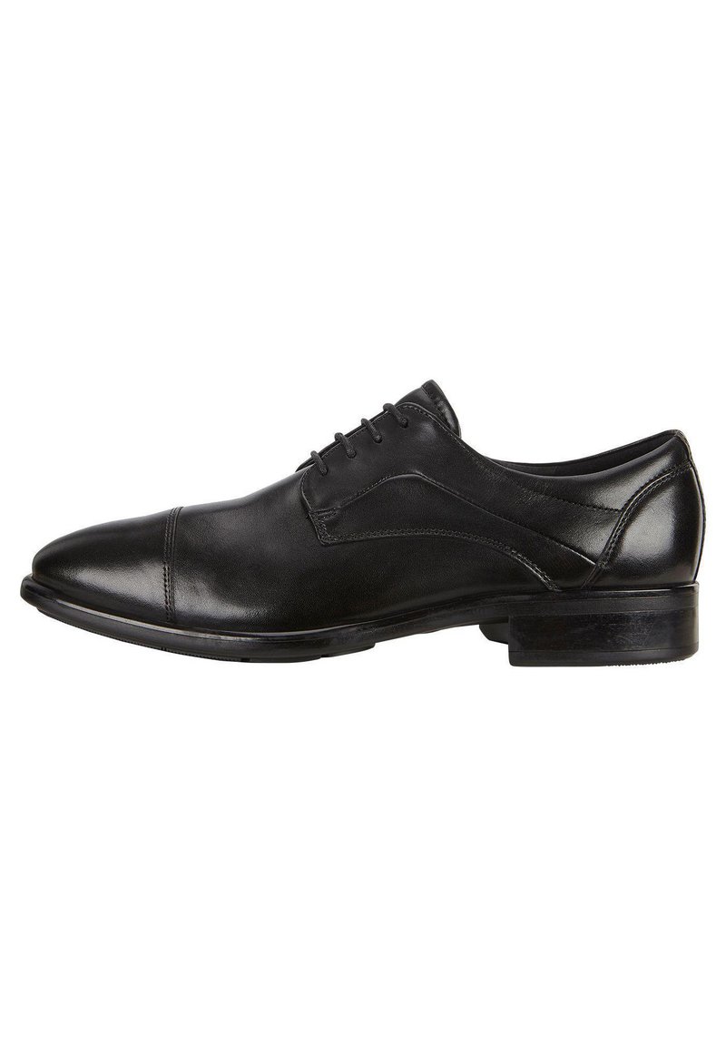 Scarpa da uomo in pelle nera, con punta rotonda, design lace-up a cinque occhielli, texture liscia e un delicato punto di cucitura lungo i lati.