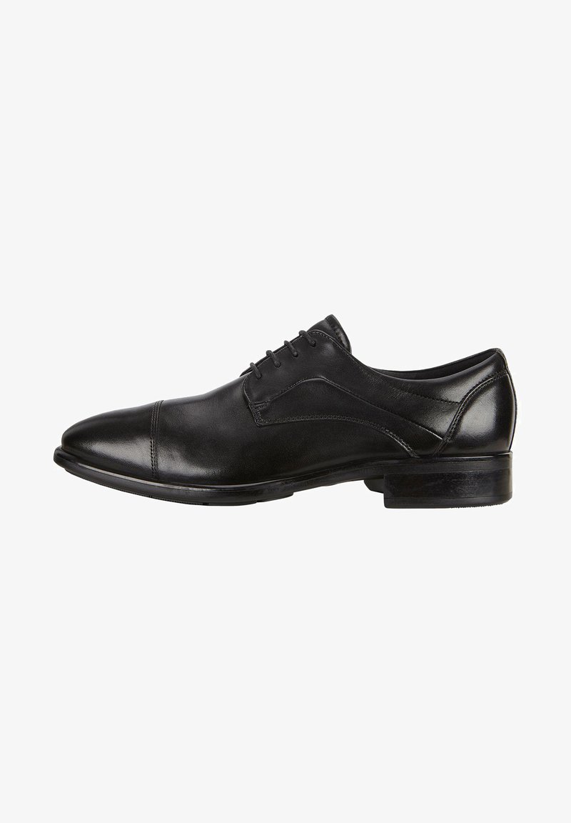 Scarpa da uomo in pelle nera, con punta rotonda, design lace-up a cinque occhielli, texture liscia e un delicato punto di cucitura lungo i lati.