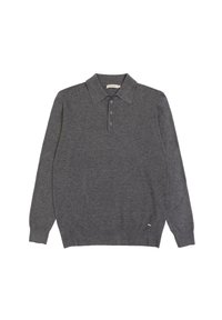 Graues Langarm-Polohemd aus weichem Material, mit klassischem Kragen, Drei-Knopf-Leiste und kleinem Akzent-Logo am Saum.