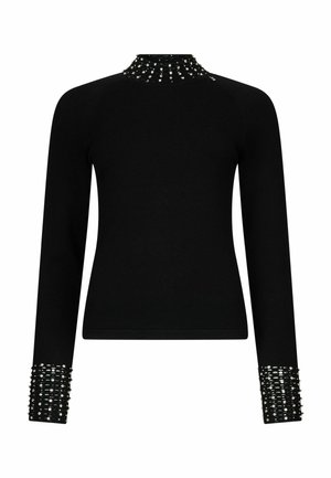 Top nero a maniche lunghe con collo alto e dettagli decorativi con borchie intorno allo scollo e ai polsini, caratterizzato da una texture liscia.