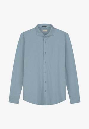 Light blue long-sleeve shirt featuring a button-down collar, five buttons down the front, and a subtle texture. No visible patterns or accents.