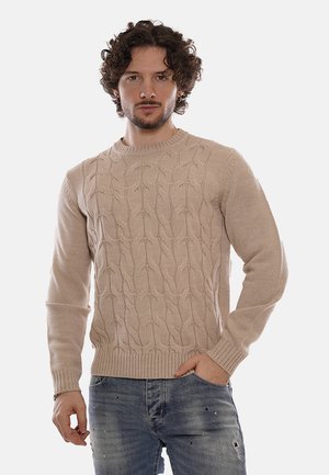 Uomo con capelli ricci che indossa un maglione beige a trecce e jeans blu strappati, in piedi con una mano in tasca contro uno sfondo bianco.
