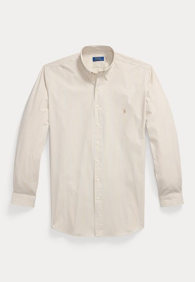 Beige og hvit langermet skjorte med vertikale striper, knappestolpe, knappet krage og liten brodert logo på brystet.