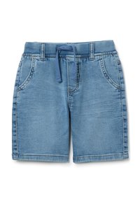 Pantalones cortos de mezclilla en azul claro, con una cintura elástica y cordón, bolsillos frontales y costuras decorativas a lo largo de las costuras.