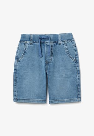 Denim shorts in light blue, featuring an elastic waistband with drawstring, front pockets, and stitched detailing along the seams.