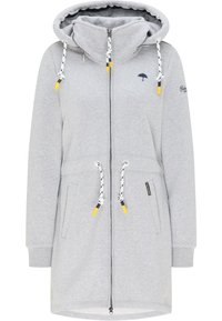Světle šedá dlouhá mikina na zip s velkou kapucí, bílými šňůrkami se žlutými konečky, bočními kapsami a malým námořnickým deštníčkem na hrudi.