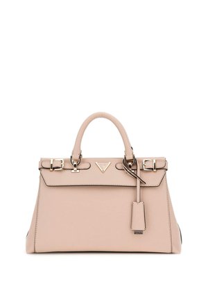 Borsa a tracolla in pelle rosa chiaro con design strutturato, doppio manico superiore, hardware in tono oro e un accento con logo. Presenta un'etichetta rimovibile.