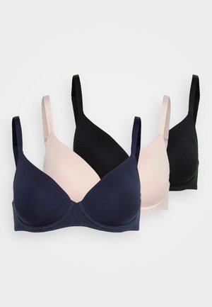 Trois soutiens-gorge en noir, rose doux et bleu marine, présentant un tissu lisse, un design sans fil et des bretelles réglables pour le confort et l'ajustement.
