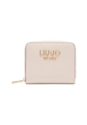 Portafoglio rettangolare beige con cerniera dorata e logo "LIU JO MILANO" dorato sul davanti, realizzato in materiale di pelle testurizzata.