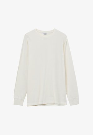 Langärmliges Shirt mit Rundhalsausschnitt aus weichem, strukturiertem, elfenbeinfarbenem Stoff, mit lässiger Passform und gerippten Bündchen. Keine sichtbaren Logos oder Muster.