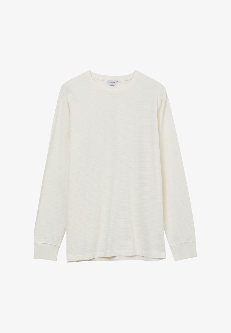 Langärmliges Shirt mit Rundhalsausschnitt aus weichem, strukturiertem, elfenbeinfarbenem Stoff, mit lässiger Passform und gerippten Bündchen. Keine sichtbaren Logos oder Muster.