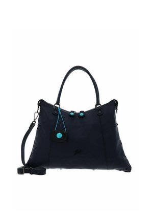 Sac à main bleu marine foncé avec doubles poignées, bandoulière amovible et détails en boutons turquoise sur les curseurs de fermeture éclair et l'étiquette attachée.