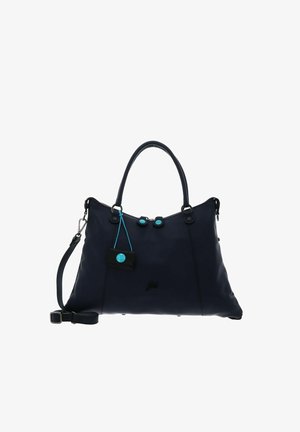Sac à main bleu marine foncé avec doubles poignées, bandoulière amovible et détails en boutons turquoise sur les curseurs de fermeture éclair et l'étiquette attachée.