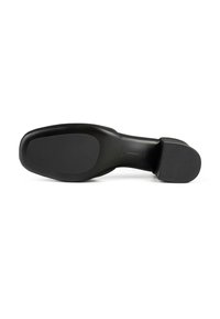 Sole di scarpa nera con tacco alto, dalla forma liscia e arrotondata. Presenta un tacco testurizzato e un'area superficiale piatta, progettata per garantire aderenza. Elegante e minimalista.