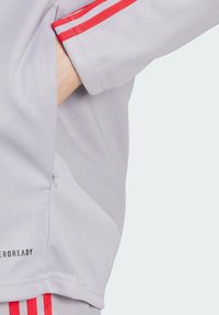 Top deportivo gris claro con rayas rojas en las mangas, hecho de un tejido texturizado. Cuenta con una abertura lateral y la palabra "PROROADY" cerca del dobladillo.