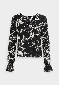 Blusa nera a maniche lunghe con motivo floreale bianco, caratterizzata da un scollo a V e dettagli arricciati ai polsini. Tessuto leggero.