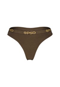 Smeđi pamučni tangice s širokim pojasom na kojem je zlatni "PSD" logo. Glatka tekstura i prilagođeni dizajn za udobnost.