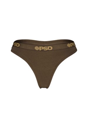 Brown cotton thong with a wide waistband featuring the "PSD" logo in gold. Smooth texture and fitted design for comfort.