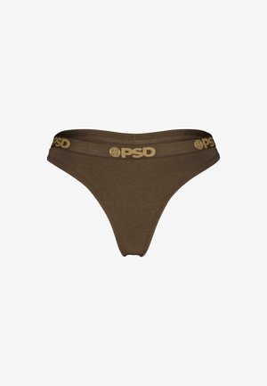 Smeđi pamučni tangice s širokim pojasom na kojem je zlatni "PSD" logo. Glatka tekstura i prilagođeni dizajn za udobnost.