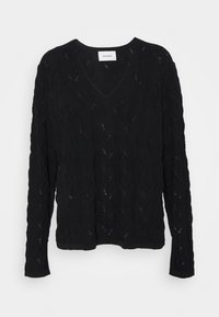 Maglione a maniche lunghe nero con scollo a V in maglia, caratterizzato da un delicato motivo a treccia e un'etichetta del marchio visibile sul colletto.