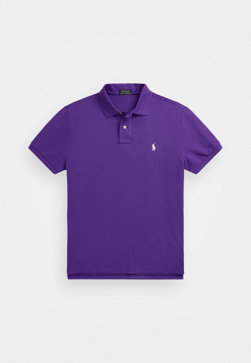 Purple short-sleeve polo shirt with collar and two buttons, featuring a small white polo player logo on the chest.