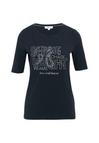 T-shirt en coton bleu marine à manches courtes, avec un design imprimé comportant les mots "BRILLER", "PERSÉVÉRER", "ÉCLAIRER" et "laissez le doute derrière."
