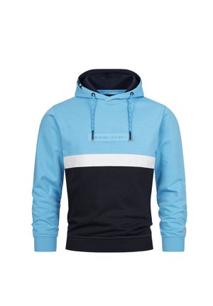 Felpa con cappuccio caratterizzata da blocchi di colore blu chiaro, bianco e blu navy. Realizzata in morbido tessuto con lacci e polsini a costine. Dettaglio del logo in rilievo.