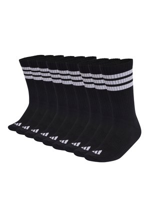 Acht schwarze Sportsocken mit zwei weißen Streifen nahe der Oberseite und einem weißen Logo an den Zehen, in einer Reihe auf weißem Hintergrund angeordnet.