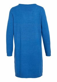 Abito blu lavorato a maglia con maniche lunghe, scollatura rotonda e orlo a costine. La texture sembra morbida e potrebbe avere una vestibilità leggermente ampia.