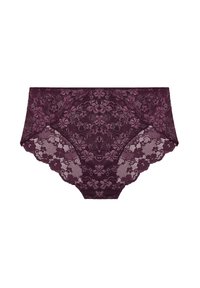 Panties hipster da donna in pizzo viola scuro con motivi floreali e bordi ondulati, posate su uno sfondo bianco.