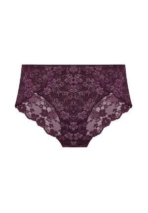 Dunkelviolette Spitzen-Hipster-Unterwäsche für Frauen mit floralen Mustern und gewellten Kanten, flach auf einem weißen Hintergrund ausgelegt.